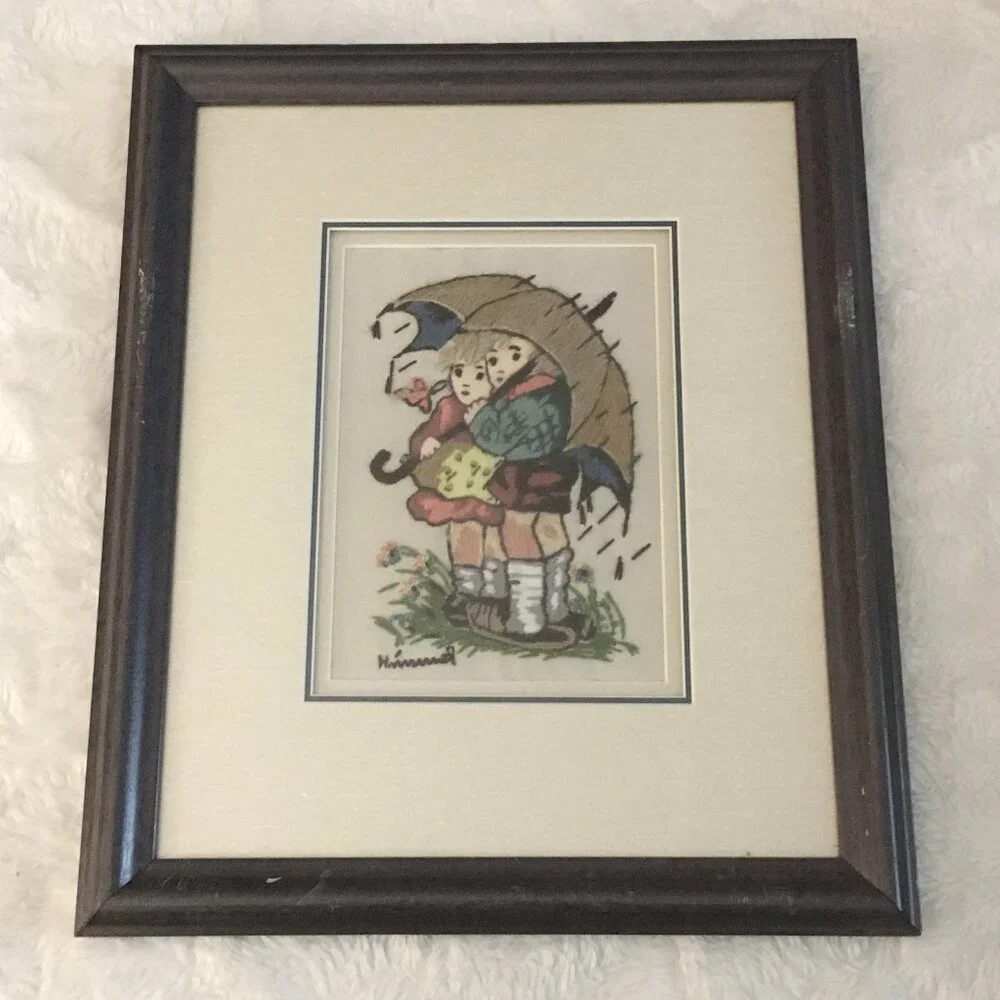 Vintage Hummel Needlework Children In The Rain 3D Embroidery Professional Frame - Picture 1 of 12